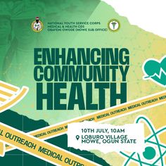 the poster for an upcoming community health fair is shown in green, yellow and white