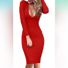 Product Details Sleeve Type Long Sleeve Fit Type Slim Red V-neck Bodycon Dress For Winter, Fitted Solid Red Midi Dress, Red Solid Color Midi Dress For Date Night, Red Solid Knee-length Mini Dress, Red Long Sleeve Bodycon Dress For Fall, Casual Red Bodycon Dress For Winter, Casual Red Bodycon Winter Dress, Red Solid Color Mini Dress For Date Night, Casual Red Winter Bodycon Dress