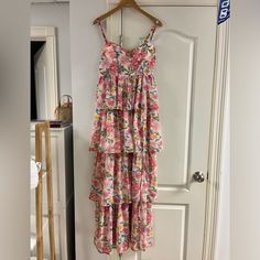 Windsor, Long Dress, Pink With Pink, Yellow, And Green Floral Patters, Ruffles, Split At The Bottom, Never Worn! Gorgeous For A Formal, Beach Photoshoot, Fancy Event, Or Fancy Brunch! This Dress Is Absolutely Perfect It Just Did Not Fit Me!! Sleeveless Ruffled Chiffon Dress For Brunch, Maxi Length Ruffled Chiffon Dress For Vacation, Summer Tiered Chiffon Dress With Ruffles, Maxi Length Chiffon Dress With Ruffles For Vacation, Ruffled Maxi Length Chiffon Dress For Vacation, Chiffon Maxi Dress With Ruffles For Daywear, Ruffled Chiffon Maxi Dress For Vacation, Tiered Chiffon Floral Dress With Floral Print, Bohemian Tiered Chiffon Dress