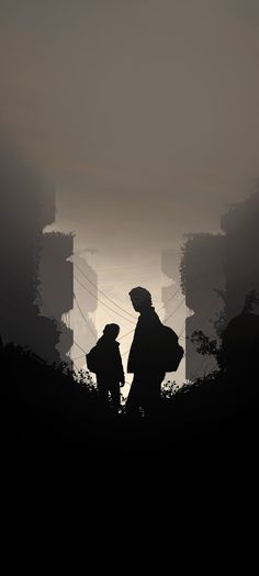 two people are standing in the dark with buildings and telephone wires behind them on a foggy day