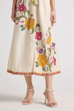 Ivory chanderi dress with floral chainstitch, thread and beaded embroidery. - Aza Fashions Elegant Resham Embroidered Dress, Elegant Embroidered Dress With Multicolor Resham Embroidery, Elegant Dress With Multicolor Resham Embroidery, Elegant Multicolor Embroidered Dress, Traditional Resham Embroidery Dresses For Spring, Cream Summer Dresses With Intricate Embroidery, Folk Style Embroidered Dress For Spring, Multicolor Embroidered Dress For Wedding, Traditional Beige Embroidered Dress With Resham Embroidery