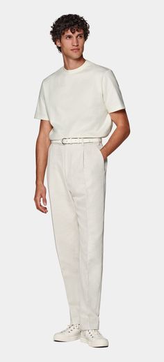 Off-White Crewneck T-Shirt in Pure Cotton | SUITSUPPLY US All White Look Men, White Relaxed Fit T-shirt For Work, Cream Outfits Men, White Classic Top With Straight Hem, White Crew Neck T-shirt For Workwear, Classic Cotton T-shirt For Business Casual, Classic White T-shirt For Casual Wear, Classic Beige T-shirt For Spring, Classic Spring T-shirt For Workwear