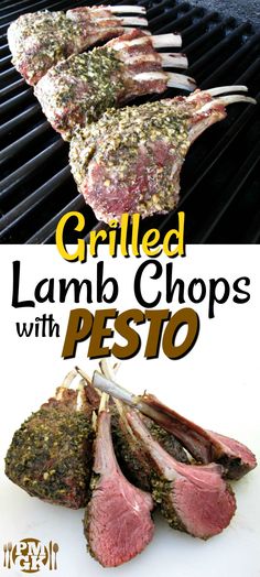 grilled lamb chops with pesto on the grill and text overlay reads grilled lamb chops with pesto