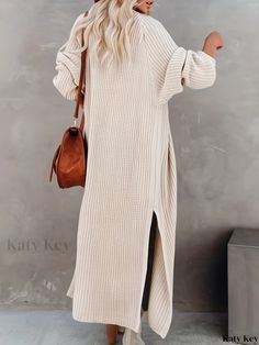 Katykey - Womens Open Front Long Cardigan: A Stylish and Versatile Sweater with Long Sleeves and Chic Side Split Design for Spring and Fall Wardrobe Long Ribbed Sweater For Fall, Long Ribbed Sweater For Winter, Long Ribbed Winter Sweater, Casual Long Ribbed Sweater, Beige Long Sleeve Sweater, Long Ribbed Casual Sweater, Casual Long Cotton Sweater, Cozy Long Cotton Sweater, Beige Long Casual Sweater