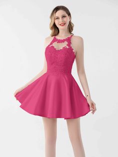 #color_Fuchsia Satin A-line Dress For Debutante Ball, Pink A-line Lace Dress, Elegant Homecoming Lace Dress With Fitted Bodice, Prom Lace Dress With Sweetheart Neckline, Prom Season Lace Dress With Sweetheart Neckline, Sweetheart Neckline Lace Dress With Lace Bodice For Prom, Pink Lace Dress With Illusion Neckline, Sweetheart Neckline Lace Bodice Dress For Prom, Pink A-line Dress With Lace Patchwork