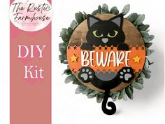 Halloween Beware Door Hanger, Black Cat DIY Wooden Blank Kit - RusticFarmhouseDecor Glue Painting, Door Sliding, Super Glue, Cat Diy, Project Photo, Hot Glue Gun, Wood Pieces, Diy Kit, Sliding Door