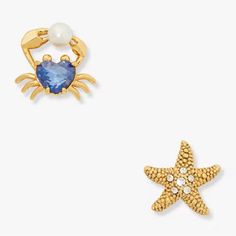 Nwt Kate Spade Sea Star Starfish And Crab Stud Earrings With Dust Bag Plated Metal, Glass, Glass Pearl, Cubic Zirconia Titanium Posts, Signature Spade Clutch Backs Length: 0.4", 0.43" Width: 0.16" Weight: 2.65" Imported Style No. Wbr00355 Crab Earrings, Ocean Kids, Flat Back Earrings, Sea Star, Animal Earrings, Kate Spade Jewelry, Earings Piercings, Starfish, Blue Gold