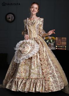 Renaissance Rococo Baroque Marie Antoinette Gown Victorian Dress     Condition: Brand New   Color:  Gold Floral   Material: This Rococo Marie Antoinette Gown is made of  High Quality Thick Brocade, soft and comfortable to wear   Sleeve Length: Half Sleeve   Dresses Length:Floor-Length   Neckline: Square Collar   Decoration: Ruffles + Lace + Bow   Style: This dress is perfect for civil war,victorian,medieval,regency,renaissance, wedding, cosplay, themed party, photograph, stage performa Ball Gowns Victorian, Masquerade Party Dresses, Gown Victorian, Victorian Dresses, 18th Century Costume, Period Dress, Historical Women, Party Dresses Online, Flare Sleeve Dress