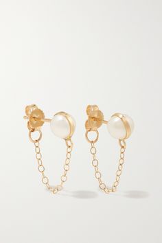 Melissa Joy Manning's earrings have dainty gold chains that drape prettily under your lobe, connecting to the butterfly fastening at the back. They're handcrafted from 14-karat recycled gold and set with mini pearl studs. Wear yours solo or alongside the brand's Herkimer diamond version. 14k Yellow Gold Earrings With Pearl Chain, Convertible Jewelry, Recycled Earrings, Hydrangea Painting, The Bling Ring, Melissa Joy Manning, Agate Earrings, Gold Pearl Earrings, Pearl Hoop Earrings