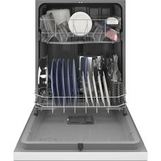 an open dishwasher with dishes in it