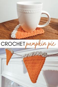 A crochet slice of pumpkin pie displayed as a coaster or strung together as garland. Text reads 'Crochet Pumpkin Pie' Crochet Pie Slice Free Pattern, Crochet Pie Slice, Crochet Bunting Pattern, Thanksgiving Crochet Patterns, Fall Crochet Projects, Crochet Fall Decor