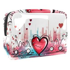 a piece of luggage with hearts painted on the front and sides, sitting in front of a white background