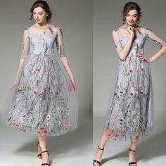 Floral Embroidered Mesh See Through A-line Midi Dress | Uniqistic.com Suit Dress Women, Sheer Embroidered Dress, Vintage Long Dress, Nature Dress, Neck Embroidery, Woman Clothes, Grey Maxi Dress, Elegant Dresses For Women, Midi Cocktail Dress