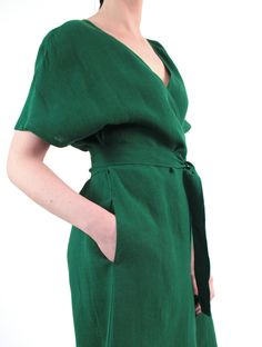 Emerald Green Linen Kimono Wrap Summer Dress With Pockets | Etsy Wrap Summer Dress, Wrap Dresses Summer, Linen Loose Dress, Dress With Kimono, Loose Kimono, Linen Kimono, Linen Sundress, Green Cocktail Dress, Linen Shift Dress