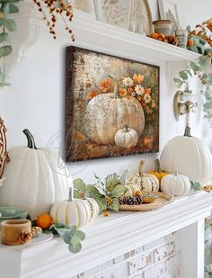 a fireplace mantel decorated with pumpkins and flowers