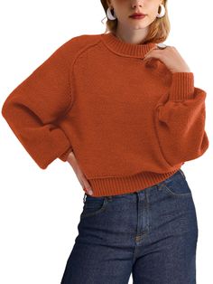 PRICES MAY VARY. Material: The long sleeve pullover sweater is made of 50% Viscose, 27% Polyester, 23% Nylon. With soft knit fabrication, stretchy and skin-friendly, cozy and comfortable to wear in colder weather. Feature: This cropped sweater features slouchy long-sleeves to provide relaxed fit, mock neck, raglan-cut sleeves with elasticated cuffs and ribbed knit hems. The unique exposed seam detail adds a little fun to this sweater. Match: You can pair this cute sweater with your favorite shor Oversized Pullover Outfit, Crochet Raglan Sweater, Rust Sweater, Pullovers Outfit, Cropped Pullover, Mock Neck Long Sleeve, Cute Sweater, Long Sleeve Pullover Sweater, Oversized Pullover