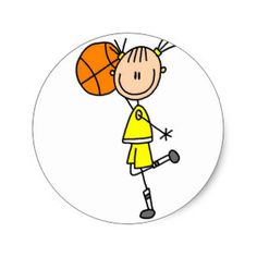 a sticker with a drawing of a girl holding a basketball in her hand and wearing a yellow dress