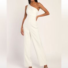 Size S Never Worn Before Wide Leg, One Shoulder, White Great For Bridal Events White Off-shoulder Evening Jumpsuits And Rompers, White Off-shoulder Jumpsuits And Rompers For Evening, White Off-shoulder Jumpsuit For Party, White Fitted One-shoulder Jumpsuit, White One-shoulder Jumpsuit For Evening, White Sleeveless Jumpsuit For Formal Occasions, White Sleeveless Jumpsuits And Rompers For Formal Occasions, White Sleeveless Jumpsuits And Rompers For Formal, Yacht Dinner