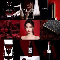 a collage of photos with lipstick, perfumes and other items in red tones