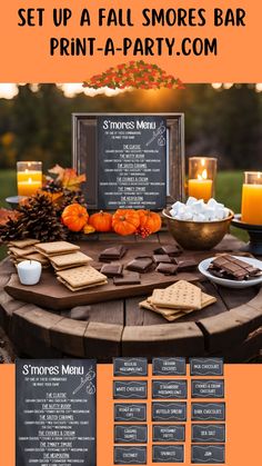 a menu for a fall smores bar is displayed on an outdoor table with candles and pumpkins