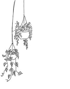 a black and white drawing of a hanging planter