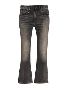 R13's Kick Fit Jean is a slim-straight cropped jean with a subtle flare. Built with comfort stretch Japanese denim, these Kick Fit Jeans are treated with a vintage dark black wash and subtle grinding throughout. Transitional Dressing, Heeled Mules Sandals, Japanese Denim, Dress Home, Blazer Coat, Skirted Swimwear, Denim Shop, Event Dresses, Dark Black