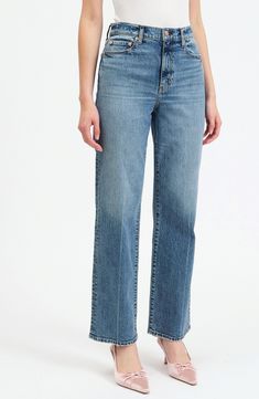 Low-stretch denim in the perfect dark wash elevates these vintage-inspired Dad jeans designed with straight legs and an always-on-trend high waist. 30 1/2" inseam; 16 1/2" leg opening; 12" front rise; 15 1/2" back rise (size 29) Zip fly with button closure Five-pocket style 65% cotton, 34% organic cotton, 1% elastane Machine wash, tumble dry Imported Easy Like Sunday Morning, Fall Wardrobe Essentials, Perfect Dark, Dad Jeans, Tough Love, Vintage Fits, Sports Blazer, Take It Easy, Made Clothing