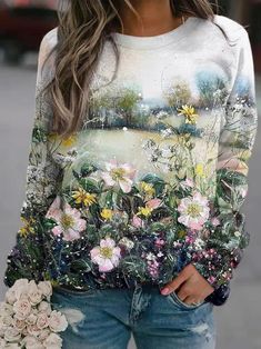 Multicolor Casual Round Neck Floral Printed Long Sleeve Sweatshirts Moda Floral, Fall Hoodies, Streetwear Tops, Sports Clothing, Floral Fashion, Stylish Clothes For Women, Style Streetwear, 가을 패션, Print Pullover