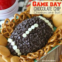 a game day chocolate chip cheesecake ball with pretzels and pretzels