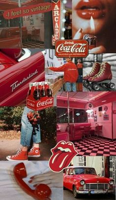 collage of photos with coca - cola and the rolling stones in red, white, and black