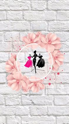 the silhouette of a woman in a pink dress with flowers around her, on a white brick wall