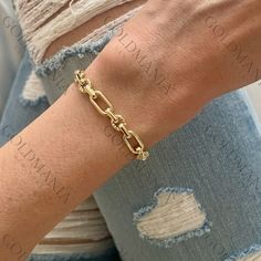 All Our Bracelets Are Made Of REAL 14K GOLD  14K Yellow Gold Oval And Round Link Chain Bracelet, 7.5" Inch, 6.3mm Thick, Real Gold Bracelet, Polished And Textured Links, Women  Shop our 14K Bracelets https://www.etsy.com/shop/GOLDMANIA?ref=seller-platform-mcnav§ion_id=26925987  Shop On Sale items https://www.etsy.com/shop/GOLDMANIA?ref=seller-platform-mcnav§ion_id=1  Metal: 14K Yellow Gold    Width: 6.3 MM  Length: 7.5 IN  Closure: Lobster claw Weight: 4.90 Gram   Hollow gold bracelet   SHIPPED Yellow Gold Bracelet With Chain Link Strap, Chunky Chain Oval Bracelet, Elegant Oval Bracelet With Chunky Chain, Yellow Gold Chunky Chain Link Bracelet, Gold Bracelet With Rectangular Links For Formal Occasions, Gold Bracelet With Box Chain For Formal Occasions, Elegant Oval Chain Bracelet With Chunky Chain, Yellow Gold Bracelets With Rectangular Links, Elegant Oval Chunky Chain Bracelet