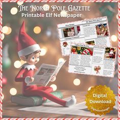 an elf reading a newspaper while sitting on the floor with christmas lights in the background