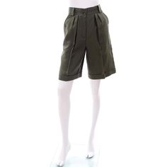 For Sale on 1stDibs - These vintage Escada high waisted vintage shorts are in an army green linen and were designed by Margaretha Ley in the 1980's. These high waisted, pleated High-waisted Khaki Shorts For Work, Spring Military Style Short Bottoms, Military Style Summer Shorts With Belt Loops, Military Style Shorts With Belt Loops For Summer, Fitted High-waisted Khaki Shorts, Fitted Khaki High-waisted Shorts, Military Style Cotton Shorts For Summer, Khaki Shorts For Workwear In Spring, Military Style Khaki Shorts For Summer