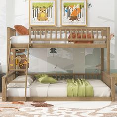 a child's bedroom with a bunk bed and two pictures on the wall above it