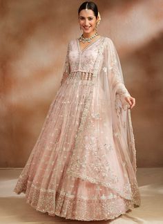 Blush Embroidered Anarkali Style Lehenga Makeup Look Ideas, Lehenga Choli Designer, Anarkali Lehenga, Embroidered Anarkali, Long Frock, Hijab Bride, Lehenga Style, Indian Bridal Fashion, Long Frocks