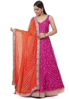 Fuchsia Pink Bandhani Silk Lehenga Choli With Orange Bandhani Silk Dupatta Bandhani Lehenga Choli, Bandhani Dress Pattern, Beautiful Lengha, Bandhej Lehenga, Bandhani Lehenga, Lehenga Pink, Kids Indian Wear, Orange Lehenga, Bandhani Dupatta