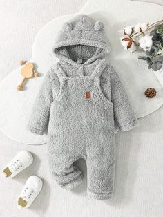 2pcs Baby Boys' Fleece Hooded Coat And Jumpsuit Set, Autumn/Winter Grey     Plain  Non-Stretch  Baby Boys Clothing, size features are:Bust: ,Length: ,Sleeve Length: Cozy Solid Onesie For Winter, Cozy Solid Color Onesie For Winter, Winter Long Sleeve Solid Onesie, Long Sleeve Onesie For Winter Playtime, Long Sleeve Onesie For Playtime In Winter, Winter Onesie For Playtime, Winter Playtime Solid Onesie, Winter Playtime Solid Color Onesie, Baby Boy Winter Outfits