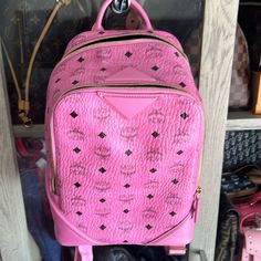 Mcm Backpack Small, In Good Condition, It Comes With Tag, Self Care & Dust Bag Designer Backpack For Shopping, Designer Rectangular Backpack For Errands, Designer Backpack With Dust Bag, Luxury Leather Shopping Backpack, Designer Backpack With Detachable Strap, Designer Backpack With Detachable Strap For Shopping, Luxury Pink Leather Backpack For Daily Use, Luxury Pink Backpack For Everyday Use, Designer Pink Backpack