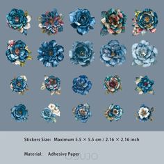 several blue flowers are arranged in rows on a gray background with the words stickers size maximum