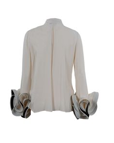 100% Viscose Designer Silk Tops With Ruffles, Luxury Spring Tops With Ruffles, Designer Fitted Silk Top, Luxury Spring Ruffled Top, Luxury Ruffled Tops For Spring, Designer Long Sleeve Top With Ruffles, Luxury Long Sleeve Top With Ruffles, Silk Evening Shirt For Spring, Spring Evening Silk Shirt