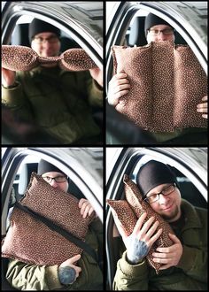 four pictures of a man holding something in his hand and looking through the car window