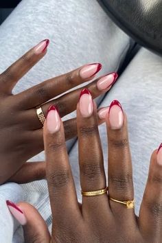 French Red Almond Nails, Red Tips Almond Nails, Cherry Tip Nails, Almond Burgundy French Tip Nails, Deep Red French Tip Nails Almond, Deep Red Tip Nails, Almond Nails With Red Tips, Red French Tip Manicure, Red French Tip Nails Almond Valentines