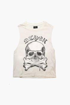 The Vintage Tank is a classic crew neck tank cut in our signature relaxed fit, featuring raw edge armholes, a vintage correct single stitch hem & is finished with a vintage wash giving it an authentic worn out look & feel.  

*Colour may vary slightly due to the nature of the washing process* Vintage Rock Tees, Motorcycle Clothing, Skull Crossbones, Graphic Ideas, Vintage Tank, White Blonde, Skull Shirts, Old T Shirts, The Skull