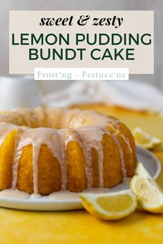 a lemon pudding bundt cake on a plate