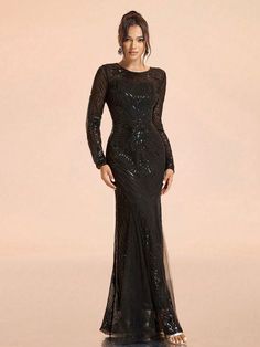 Women's Fashion Elegant Solid Color Sequin Patchwork Round Neck Long Sleeve Slim Hip Elegant Luxury Formal Evening Dress Stretch Black Party Cocktail Dinner Dress Formal Evening Dress (Exquisite Craftsmanship), Women's Fishtail Hip Long Dress With Super Large Swing Volume, Prom Dress, For Wedding Guest, Graduation Black Party  Long Sleeve Knitted Fabric Plain,All Over Print Fitted Slight Stretch  Weddings & Events, size features are:Bust: ,Length: ,Sleeve Length: Luxury Elegant Sequin Dress For Dinner, Luxury Long Sleeve Stretch Evening Dress, Dinner Dress Formal, Cocktail Dinner, Dress Stretch, Formal Evening Dress, Women Formals, Cape Dress, Dinner Dress