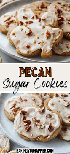 pecan sugar cookies with white icing and nuts on top, sitting on a plate