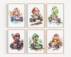 mario kart and luigi kart watercolor prints