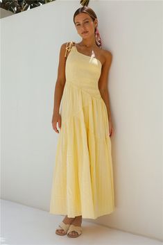 Beaming Hues One Shoulder Maxi Dress Yellow Yellow Beach Dress For Summer Day Out, Yellow Summer Beach Dress For Day Out, Yellow Beachy Beach Dress For Summer, One Shoulder Beach Sundress, Yellow Sundress For Spring Beach Party, Yellow Summer Beach Dress For Beach Party, Yellow Beach Dress For Beach Party, Yellow Beachy Dress For Beach Party, Yellow Beachwear Maxi Dress For Summer