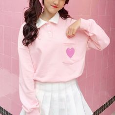 Natsuki Cosplay, Kawaii Summer, Aesthetic Heart, Outfit Korean, Heart Embroidery, Pastel Outfit, Cheerleading Outfits, Kawaii Fashion Outfits, Long Sleeve Polo Shirt